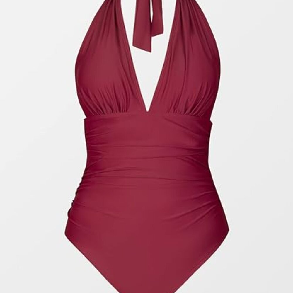 Ruched Plunge One-Piece Swimsuit - Burgundy - Picture 3 of 5